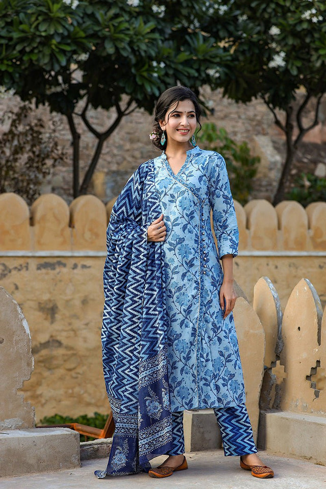 Blue Cotton Angrakha Suit Set