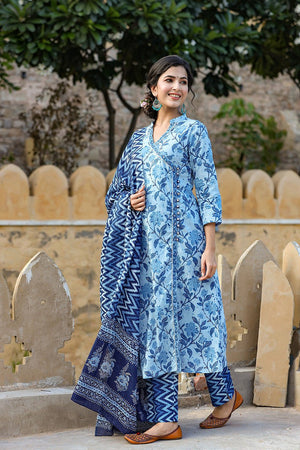Blue Cotton Angrakha Suit Set