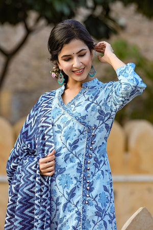 Blue Cotton Angrakha Suit Set
