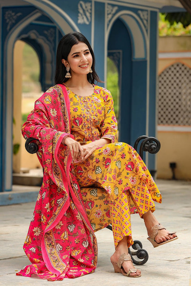 Mustard Rayon Blend Floral Print Suit Set