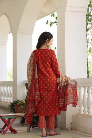 Maroon Brown Printed Kurta With Trousers Dupatta