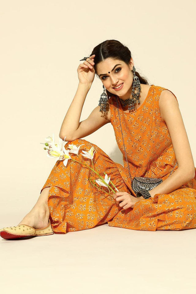 Mustard Cotton Sleeveless Sharara Co-Ord Set