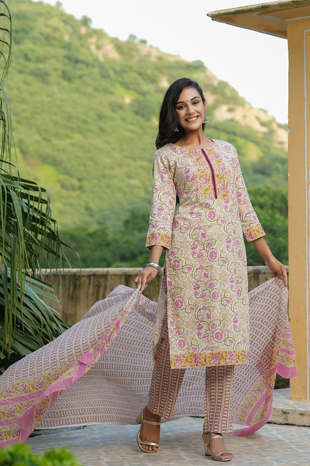 White Cotton Ethnic Motifs Printed Straight Suit Set