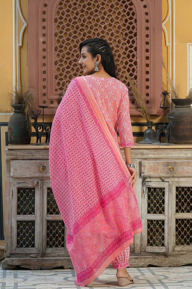 Pink Cotton Embroidered Work Straight Suit Set