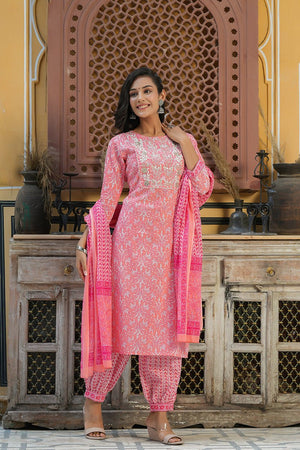 Pink Cotton Embroidered Work Straight Suit Set