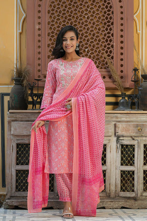 Pink Cotton Embroidered Work Straight Suit Set
