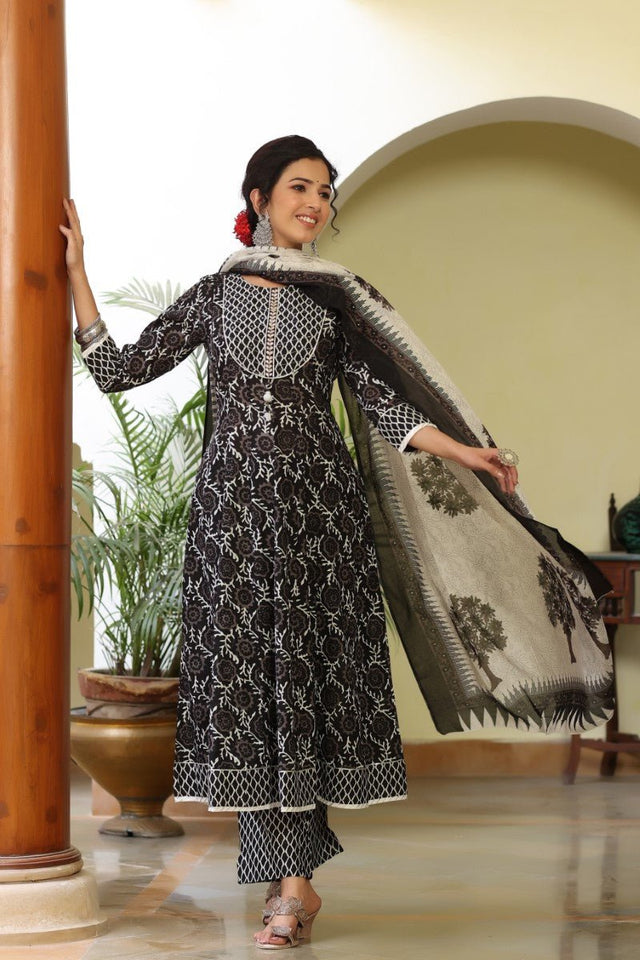 Black White Sequined Kurta With Trousers And Dupatta