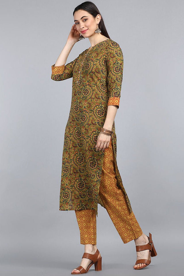 Green Yellow Floral Printed Cotton Kurta With Trousers Dupatta Set