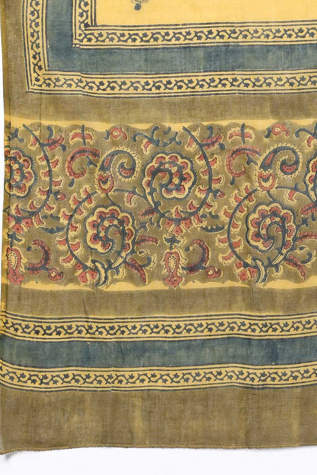 Green Yellow Floral Printed Cotton Kurta With Trousers Dupatta Set