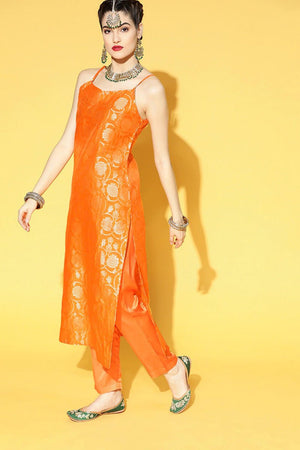 Orange Floral Cotton Kurta Trouser Dupatta Set