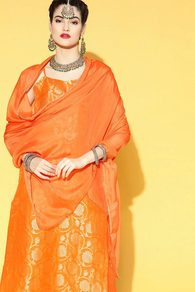Orange Floral Cotton Kurta Trouser Dupatta Set