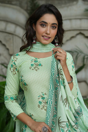 Green Cotton Straight Suit Set