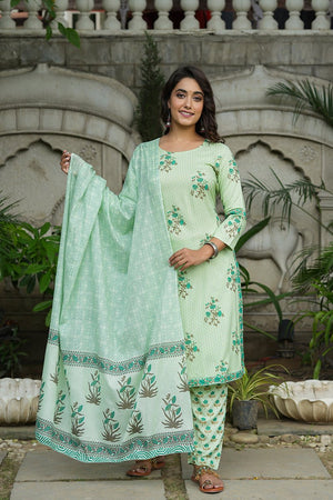 Green Cotton Straight Suit Set
