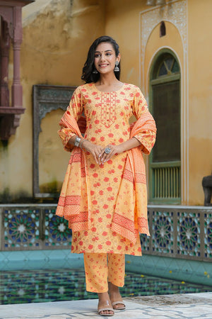 Orange Cotton Straight Kurti Pant With Dupatta