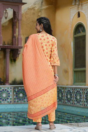 Orange Cotton Straight Kurti Pant With Dupatta
