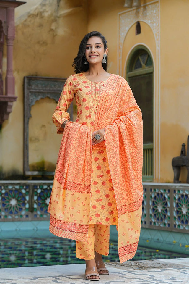 Orange Cotton Straight Kurti Pant With Dupatta