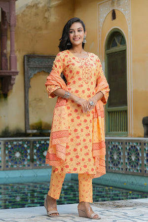 Orange Cotton Straight Kurti Pant With Dupatta