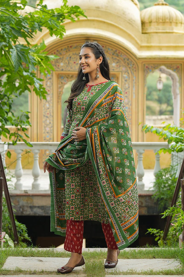Green Cotton Straight Suit Set