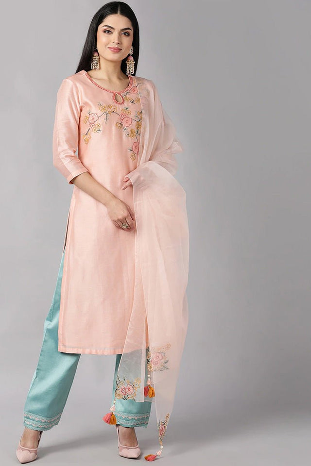 Peach Poly Silk Straight Kurti Pant With Dupatta