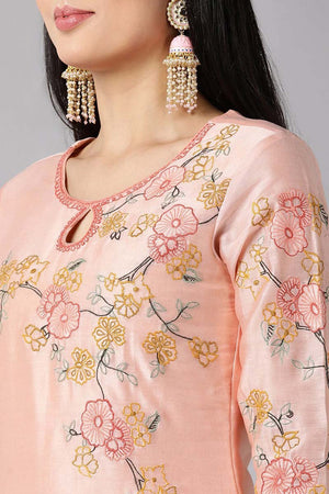 Peach Poly Silk Straight Kurti Pant With Dupatta