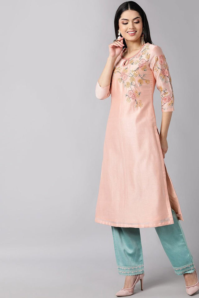 Peach Poly Silk Straight Kurti Pant With Dupatta