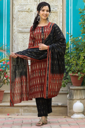Brown Rayon Blend Straight Kurti Pant With Dupatta