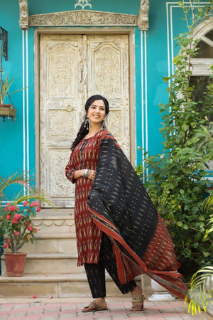 Brown Rayon Blend Straight Kurti Pant With Dupatta
