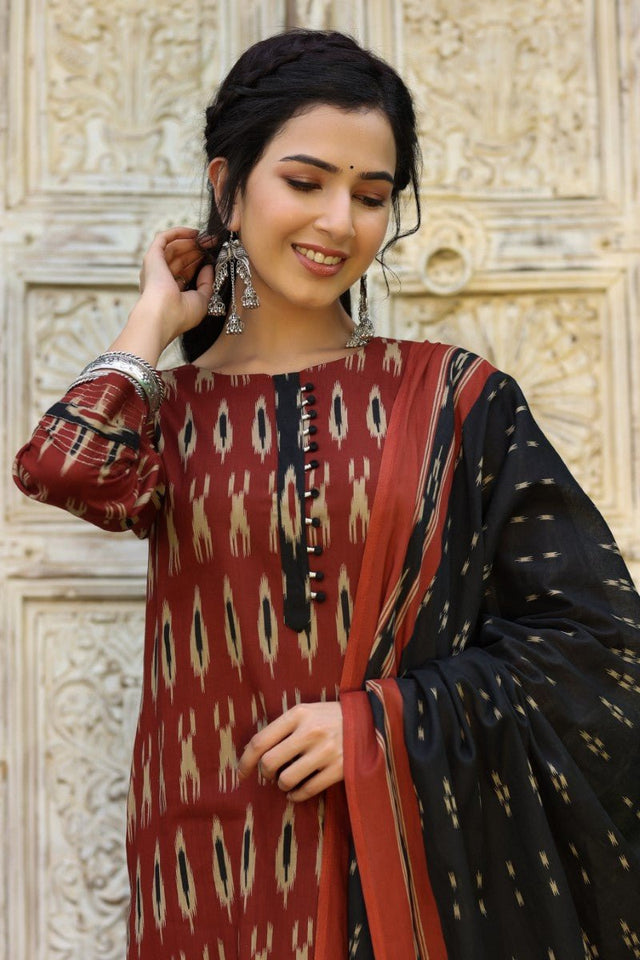 Brown Rayon Blend Straight Kurti Pant With Dupatta