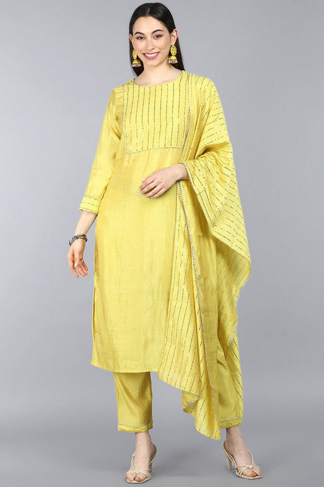 Yellow Poly Chanderi Solid Straight Suit Set