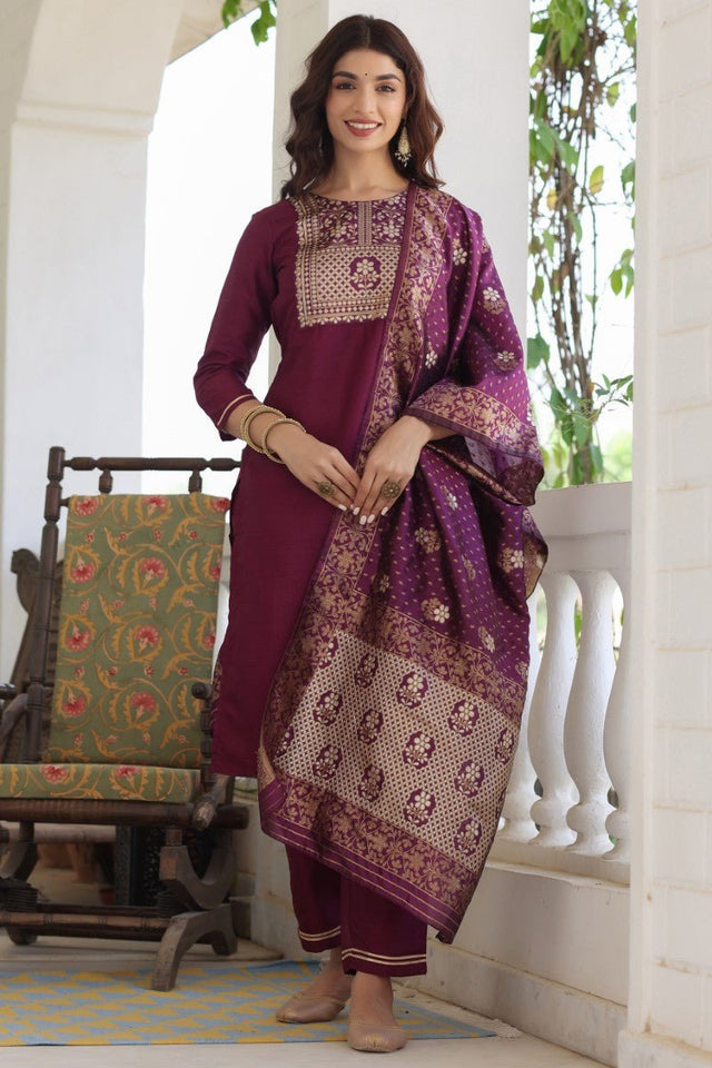 Burgundy Poly Silk Solid Straight Suit Set