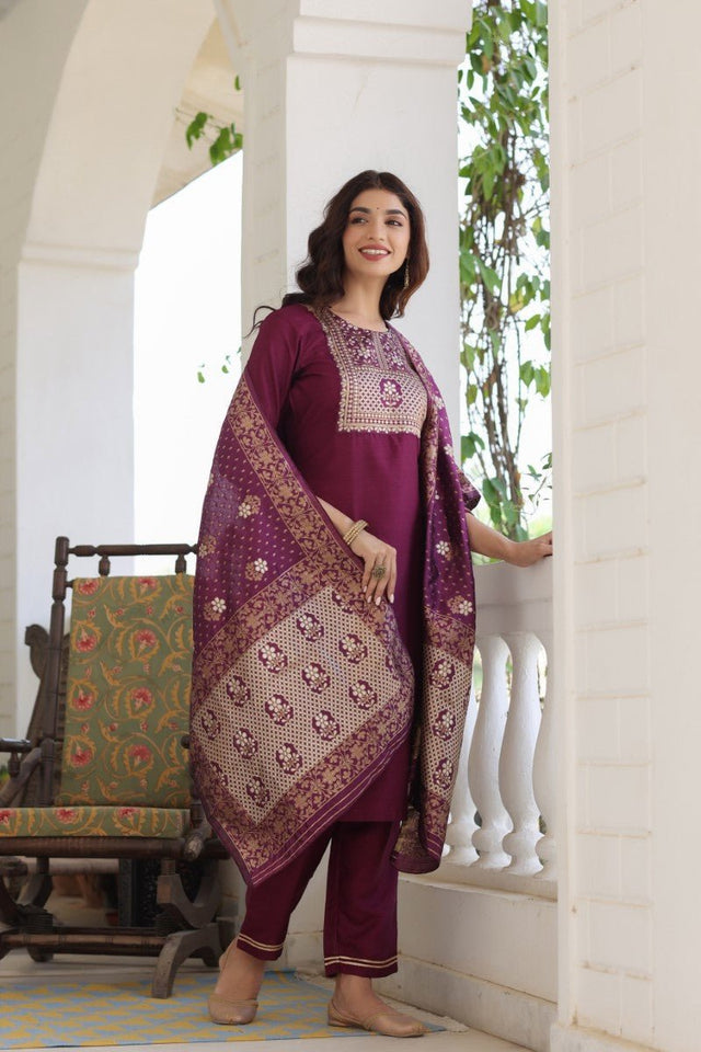 Burgundy Poly Silk Solid Straight Suit Set