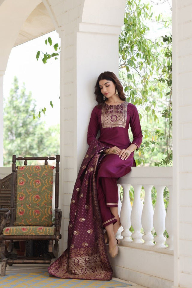 Burgundy Poly Silk Solid Straight Suit Set