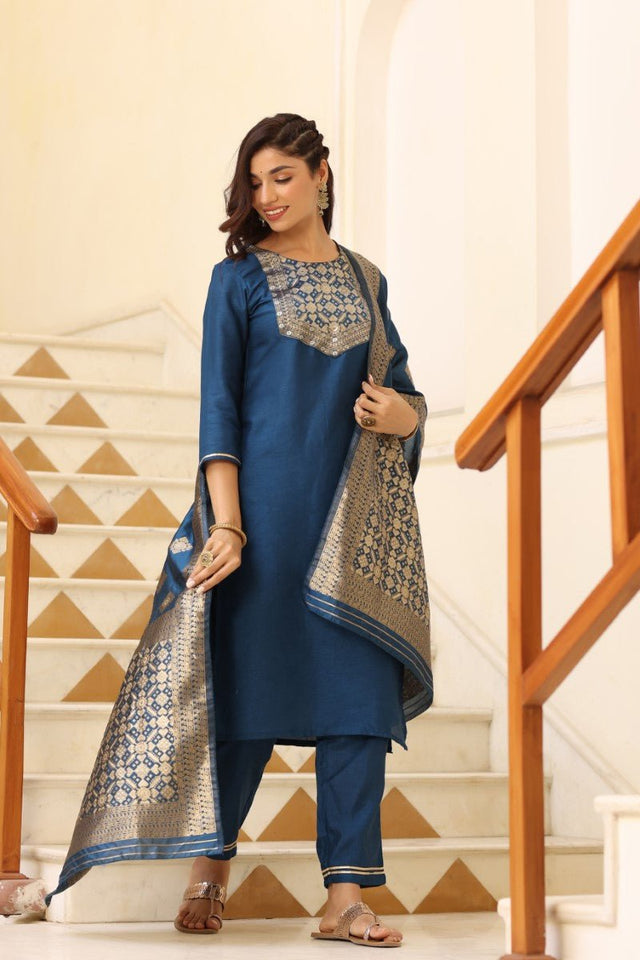 Blue Poly Silk Solid Straight Suit Set