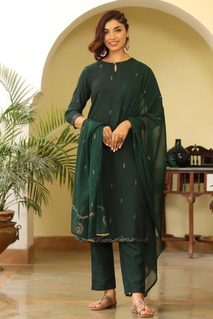 Green Poly Silk Straight Suit Set