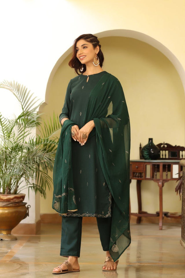 Green Poly Silk Straight Suit Set