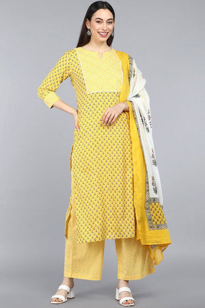 Yellow Cotton Straight Kurti Pant With Dupatta
