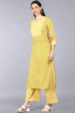 Yellow Cotton Straight Kurti Pant With Dupatta