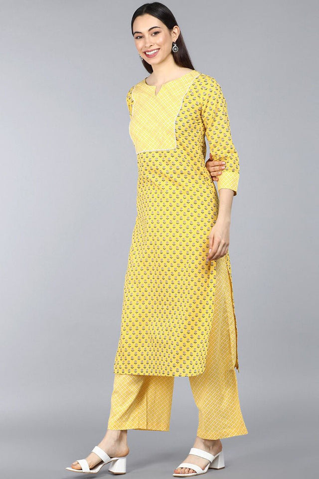 Yellow Cotton Straight Kurti Pant With Dupatta