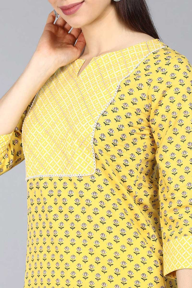 Yellow Cotton Straight Kurti Pant With Dupatta