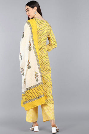 Yellow Cotton Straight Kurti Pant With Dupatta