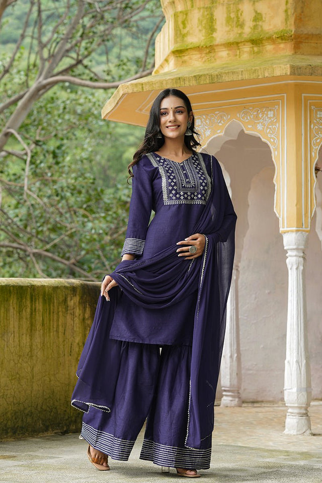 Navy Blue Poly Silk Straight Sharara Suit Set
