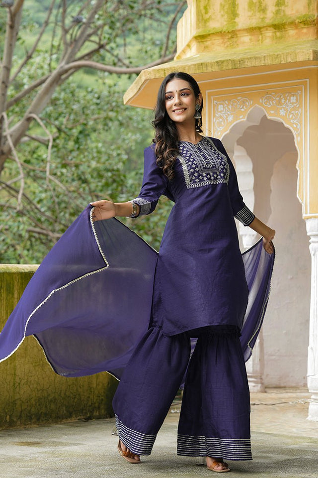 Navy Blue Poly Silk Straight Sharara Suit Set