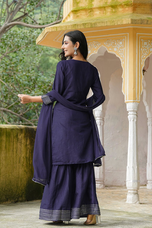 Navy Blue Poly Silk Straight Sharara Suit Set