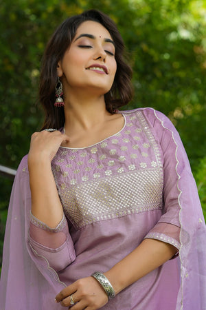 Mauve Poly Silk Solid Sequin Straight Suit Set