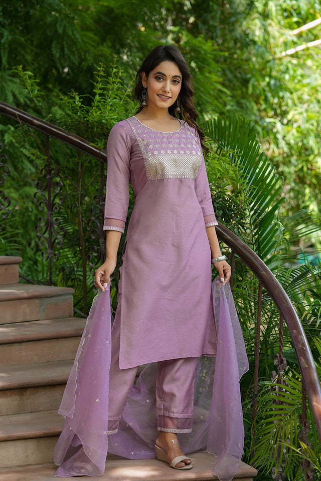 Mauve Poly Silk Solid Sequin Straight Suit Set