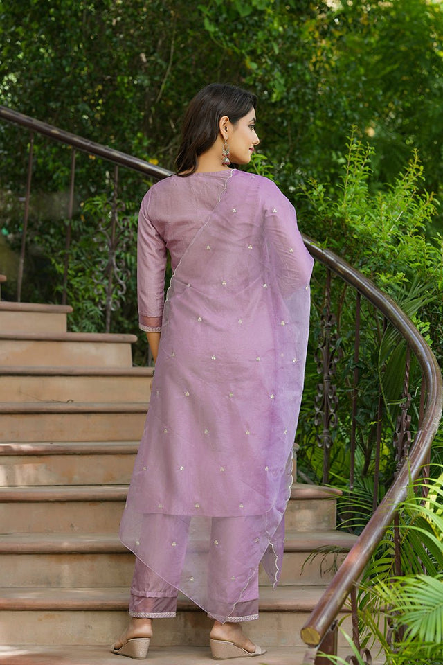 Mauve Poly Silk Solid Sequin Straight Suit Set