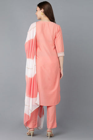 Peach Poly Silk Embroidered Straight Suit Set