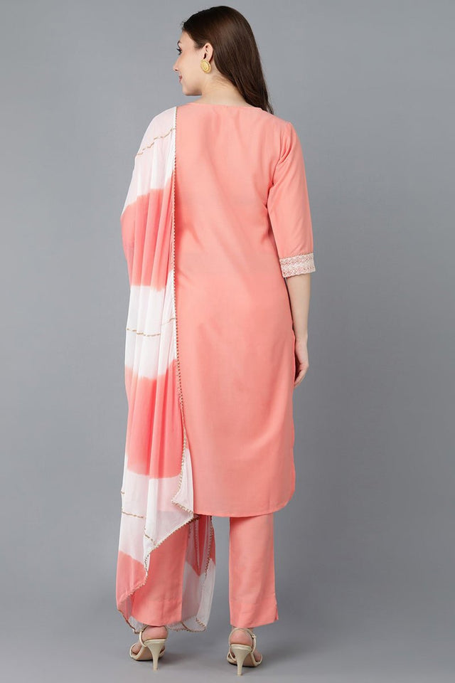 Peach Poly Silk Embroidered Straight Suit Set