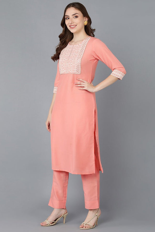 Peach Poly Silk Embroidered Straight Suit Set
