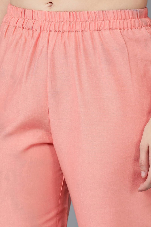 Peach Poly Silk Embroidered Straight Suit Set